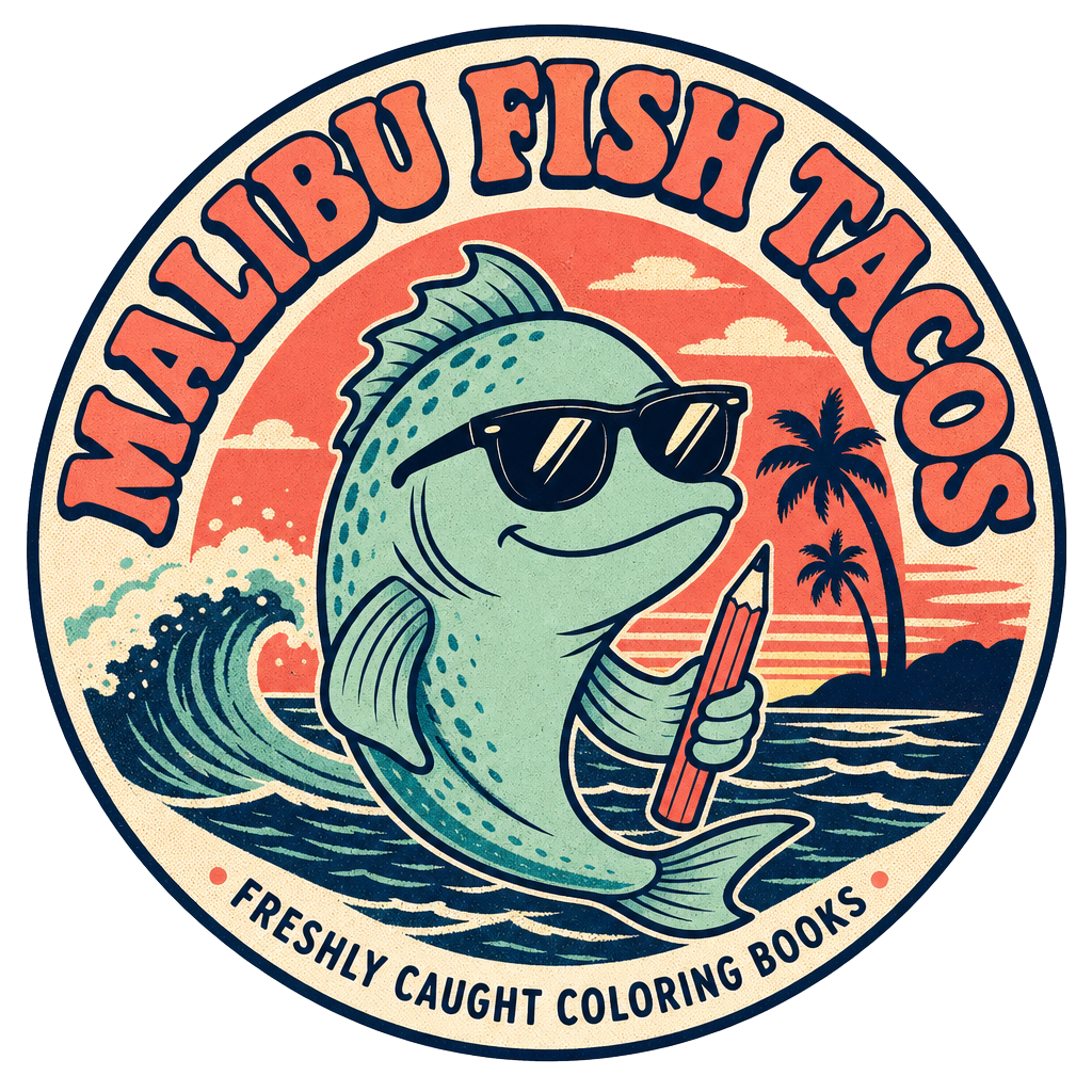 Malibu Fish Tacos logo — a chill fish in sunglasses leaping over a sunset wave
