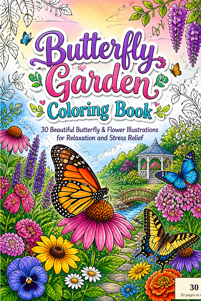 Butterfly Garden Coloring Book: 30 Beautiful Butterfly & Flower Illustrations for Relaxation and Stress Relief