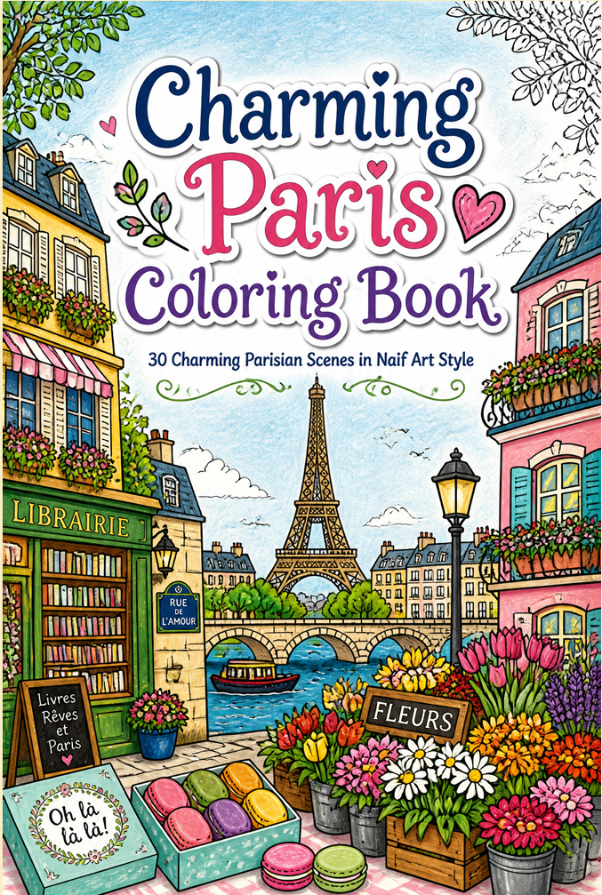 Charming Paris Coloring Book: 30 Charming Parisian Scenes in Naïf Art Style